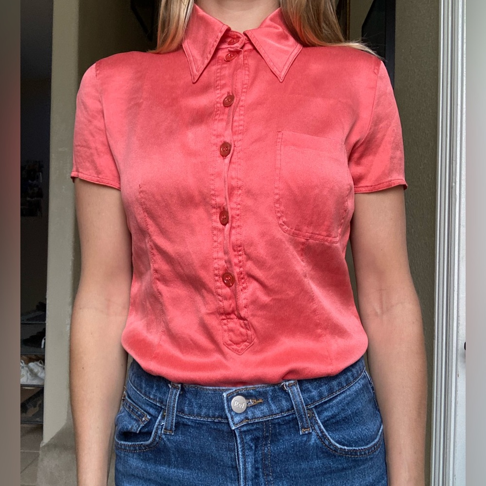 Vtg MOSCHINO Cruise Me Baby collared button down short sleeve silk blouse